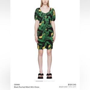 Ganni Leaf Print Black and Green Mini Dress